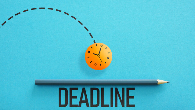 Timing or deadline concept are shown with clock symbol on a ball on blue background.