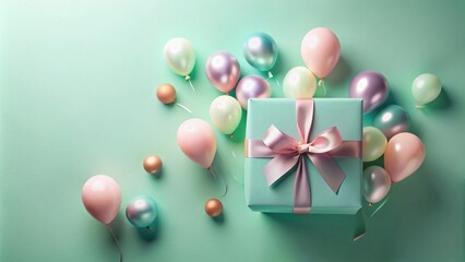 Pastel Balloons and a Gift Box with Pink Ribbon on Mint Green Background