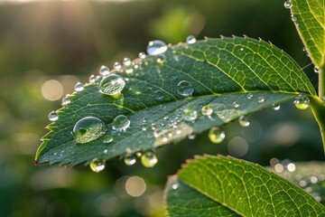 A macro shot of dewdrops on a green leaf in natural morning light.