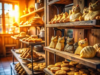 Adorable Cat-Shaped Cookies in a Cozy Bakery Setting