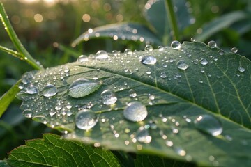 A macro shot of dewdrops on a green leaf in natural morning light.