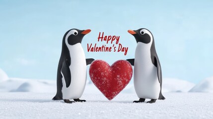 Obraz premium Two cartoon penguins holding a heart celebrate Valentine's Day against a snowy background.