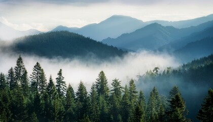 Obraz premium Generated image mountains forest fog morning mystic