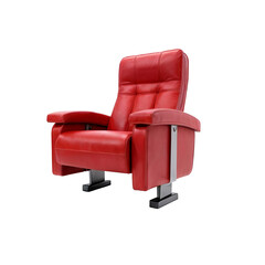 Fototapeta premium Luxurious Red Auditorium Seat: A plush, red leather auditorium seat with sleek, modern metal accents, inviting you to sink in and enjoy a comfortable viewing experience.