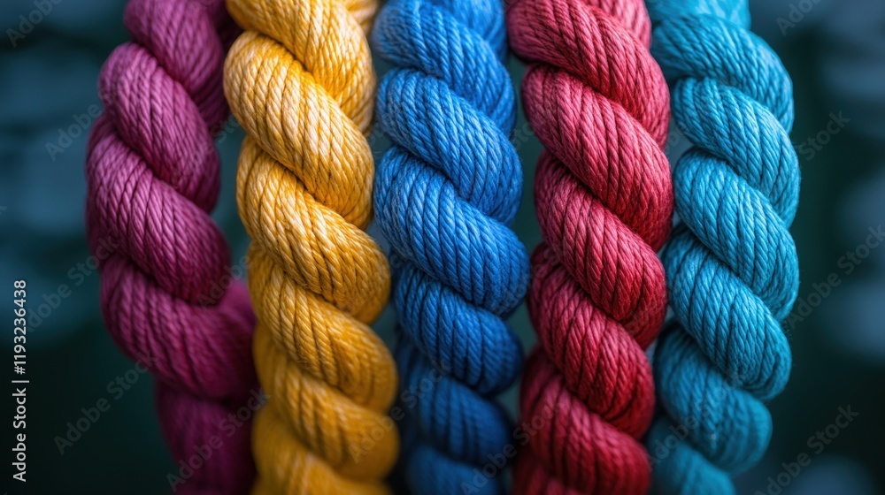 Poster vibrant ropes symbolizing team unity and diverse strength in partnerships for connection and collabo