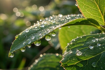 A macro shot of dewdrops on a green leaf in natural morning light.