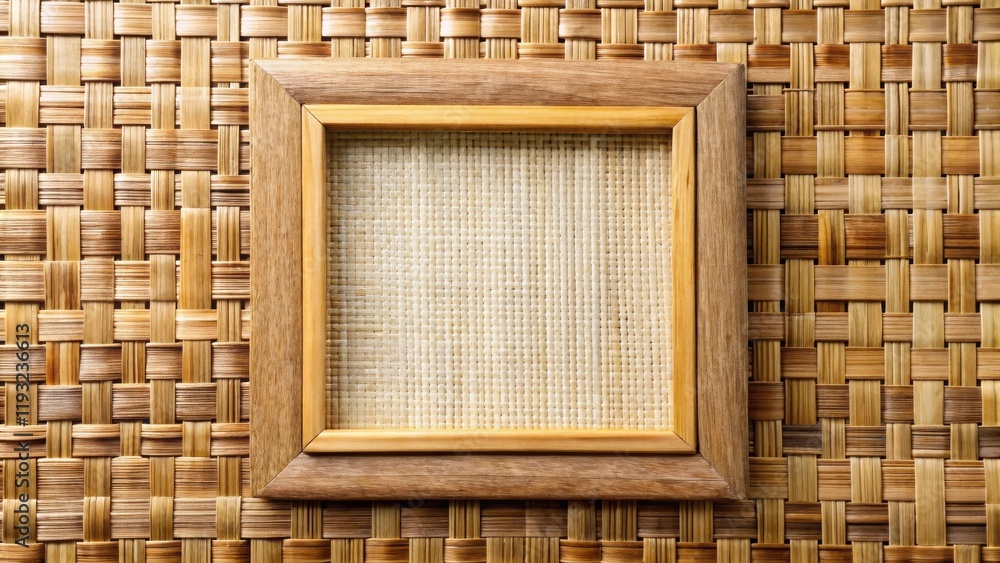 Poster Rustic Wooden Frame on Woven Matting Background Ideal for Text or Image Presentation