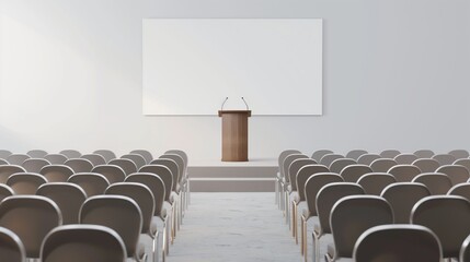 Neatly arranged rows of chairs facing a podium and banner on a white background for a local seminar.