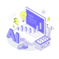 Ai Trading Energy abstract concept. Stock Market Graph and Chart turns intro energy. Artificial Intelligence Analysis Technology and Machine Learning Concept. Vector Isometric illustration