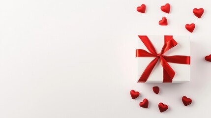 Valentine's Day: Celebrating Affection and Meaningful Connections, Gift box adorned with a red ribbon and surrounded by heart shapes on a white background.