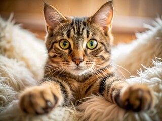 Adorable Fluffy Cat Reaching for Camera, Warm Cozy Kitten Photo