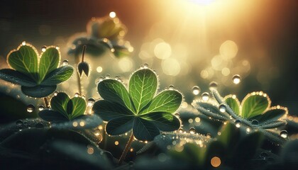 A macro shot of dewdrops on a green leaf in natural morning light.