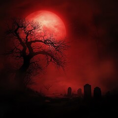 A haunting landscape features a red moon, eerie fog, and a silhouette of a leafless tree over gravestones.