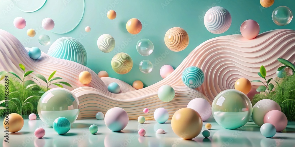 Poster pastel spheres and wavy forms in a serene setting