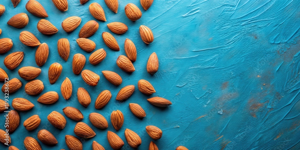 Poster A delightful arrangement of roasted almonds scattered on a textured blue surface, creating a visually appealing and appetizing composition.