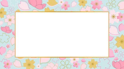 水色地の和風なさくらのベクターフレーム背景イラスト素材【文字なし】【横長】