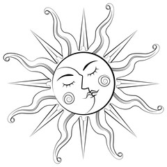 Coloring page. Black line. Magical celestial design template for astrology, fortune telling. Sun face, crescent moon in retro esoteric style. Vector illustration.