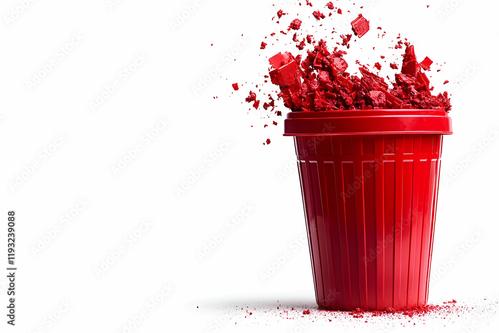 Poster red bucket overflowing with crumbled red material creating a dynamic scene