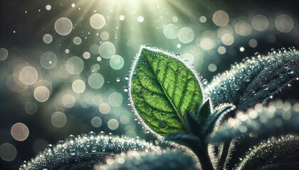 A macro shot of dewdrops on a green leaf in natural morning light.