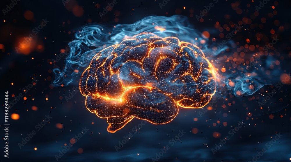 Poster dynamic glowing brain model digital art abstract science visualization dark background conceptual re