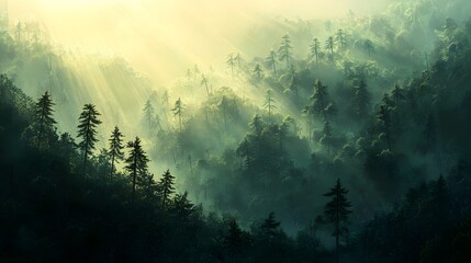Fototapeta premium Sunbeams Illuminate a Misty Mountain Forest