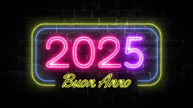 Buon anno 2025. Happy New Year 2025. Italian greeting in neon frame with colourful text on brick wall background. Horizontal flashing lights and letters.