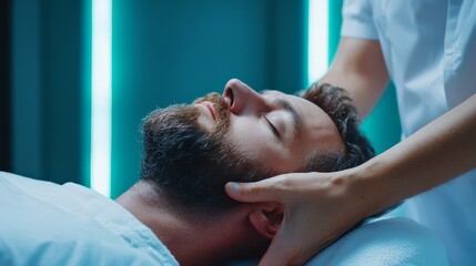 Fototapeta premium Professional Physiotherapist Performing Shoulder Therapy on Relaxed Patient in Modern Clinic Setting