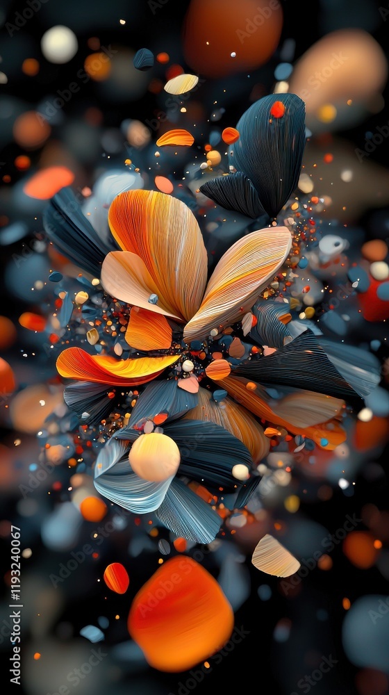 Poster dynamic geometric patterns explosion abstract art digital energetic environment close-up view visual
