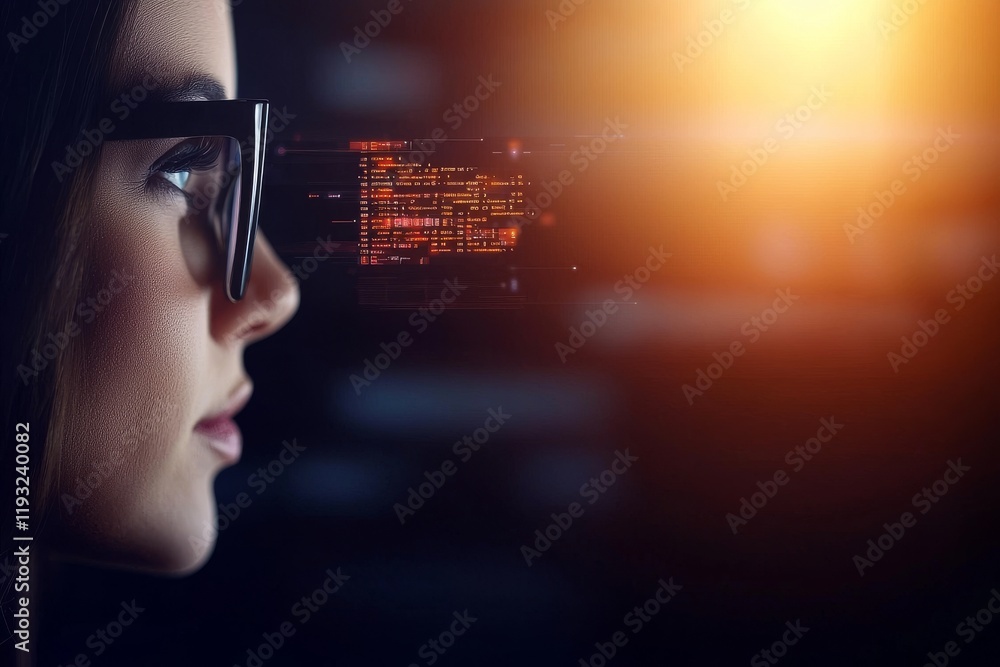 Poster professional woman working late in a high-tech workspace with data visualization and focused express
