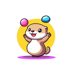Playful otter balancing colorful balls cartoon style cheerful atmosphere whimsical design