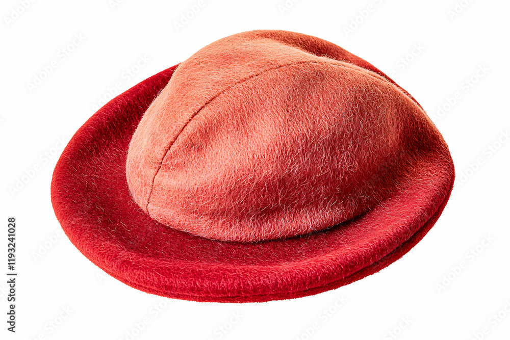 Poster red felt hat with a unique rounded design on a white background