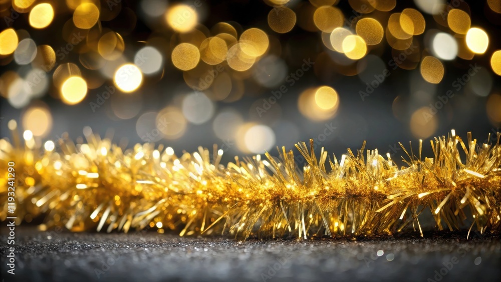 Poster golden tinsel sparkles against a backdrop of shimmering lights, a festive scene of elegance and joy.