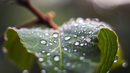 A macro shot of dewdrops on a green leaf in natural morning light.