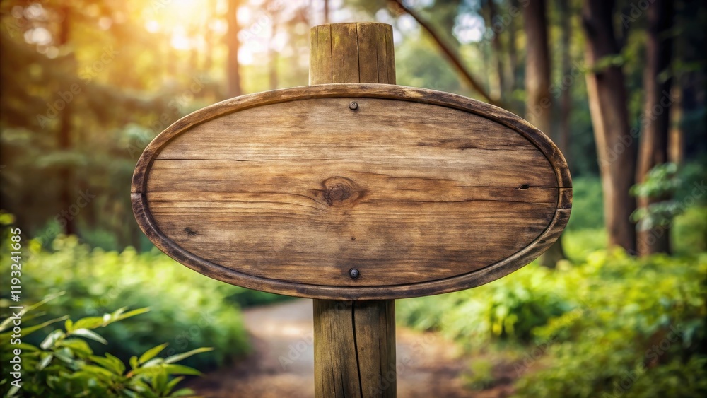 Poster blank rustic wooden signpost in a sunlit forest path
