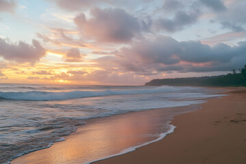 Obraz premium The sunset on the beach is beautiful, with colorful clouds in the sky and waves crashing onto golden sand