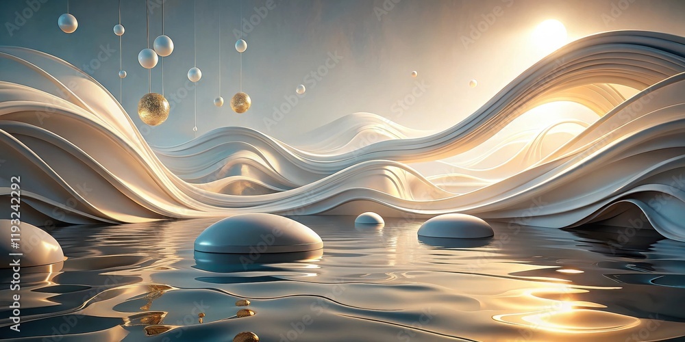 Aufkleber Serene Abstract Landscape with Floating Orbs and Gentle Waves Under a Golden Sun