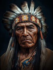 Obraz premium Portrait of native american chief wearing traditional headdress with feathers