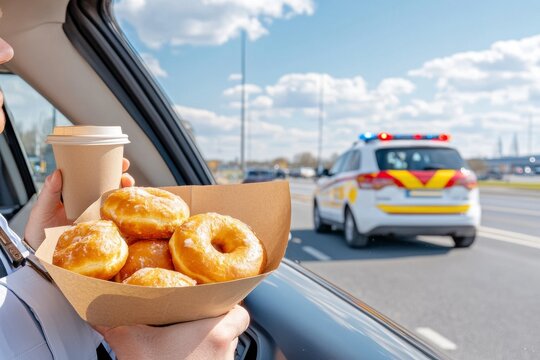 Polic&iacute;a en un patrullero disfruta de una pausa en la carretera con caf&eacute; y donas en una soleada tarde