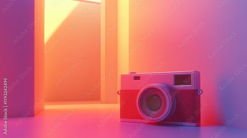 Poster modern retro camera surrounded by warm gradient light in minimalist setting, creating an artistic ph