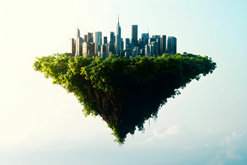 Floating Island City with Skyscrapers and Lush Greenery in Sky