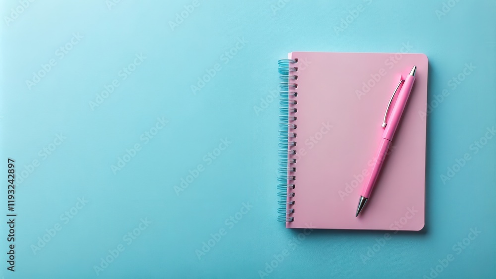 Poster pink spiral notebook and pen on a light blue background, ready for notes and ideas