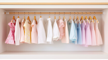 Children pastel dresses and shirts on hangers in open closet background