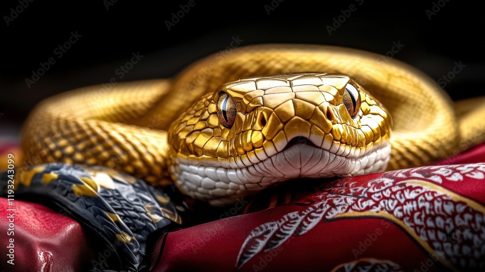 Poster a striking close-up of a golden snake resting on a colorful surface, highlighting its intricate scal