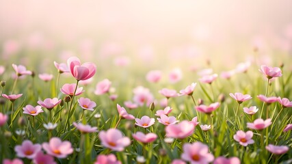 Obraz premium Pastel meadow with heart-shaped flower blooms background