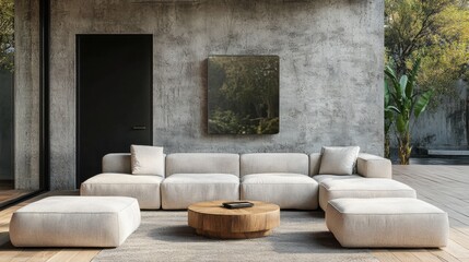 Modern Minimalist Living Room with Cozy Beige Furniture and Artwork