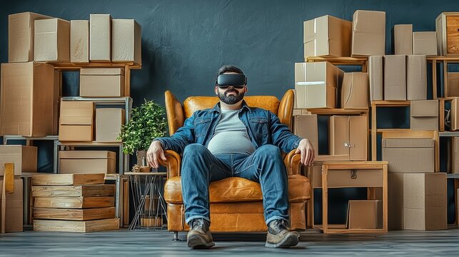 Man in VR Headset Amidst Cardboard Boxes: E-commerce and Virtual Reality Integration
