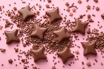Chocolate star shaped candies lying on a pink background covered with sprinkles, creating a sweet and festive atmosphere