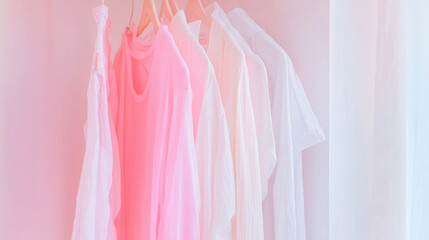 Colorful pastel t-shirts on hangers create vibrant pattern in clothing store background