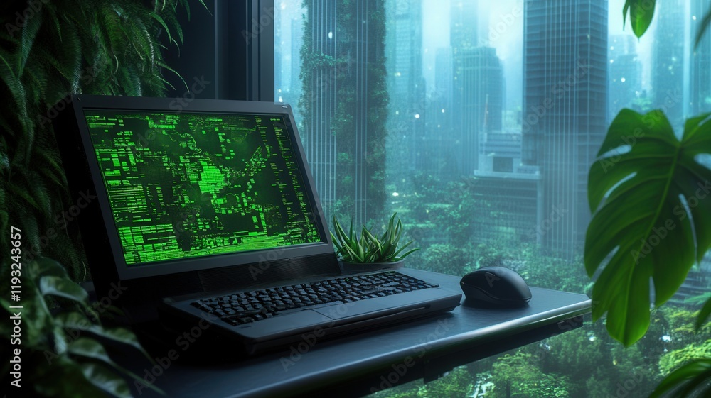 Poster a futuristic workspace blends technology and nature, featuring a computer with green coding against 