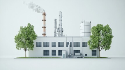 Modern Industrial Factory with Smoke Stacks and Green Trees